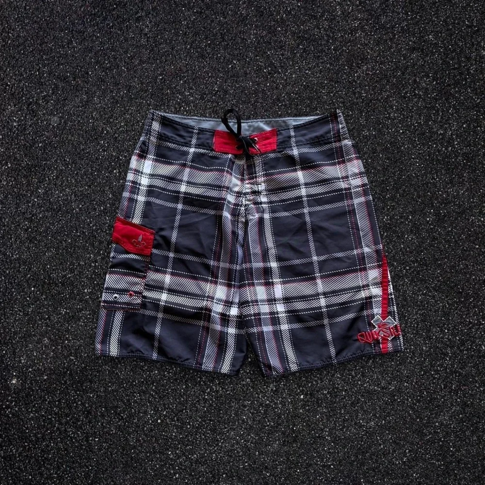 Quiksilver Mens Plaid Board Shorts Black‎ Red White Swim Trunks Size 35